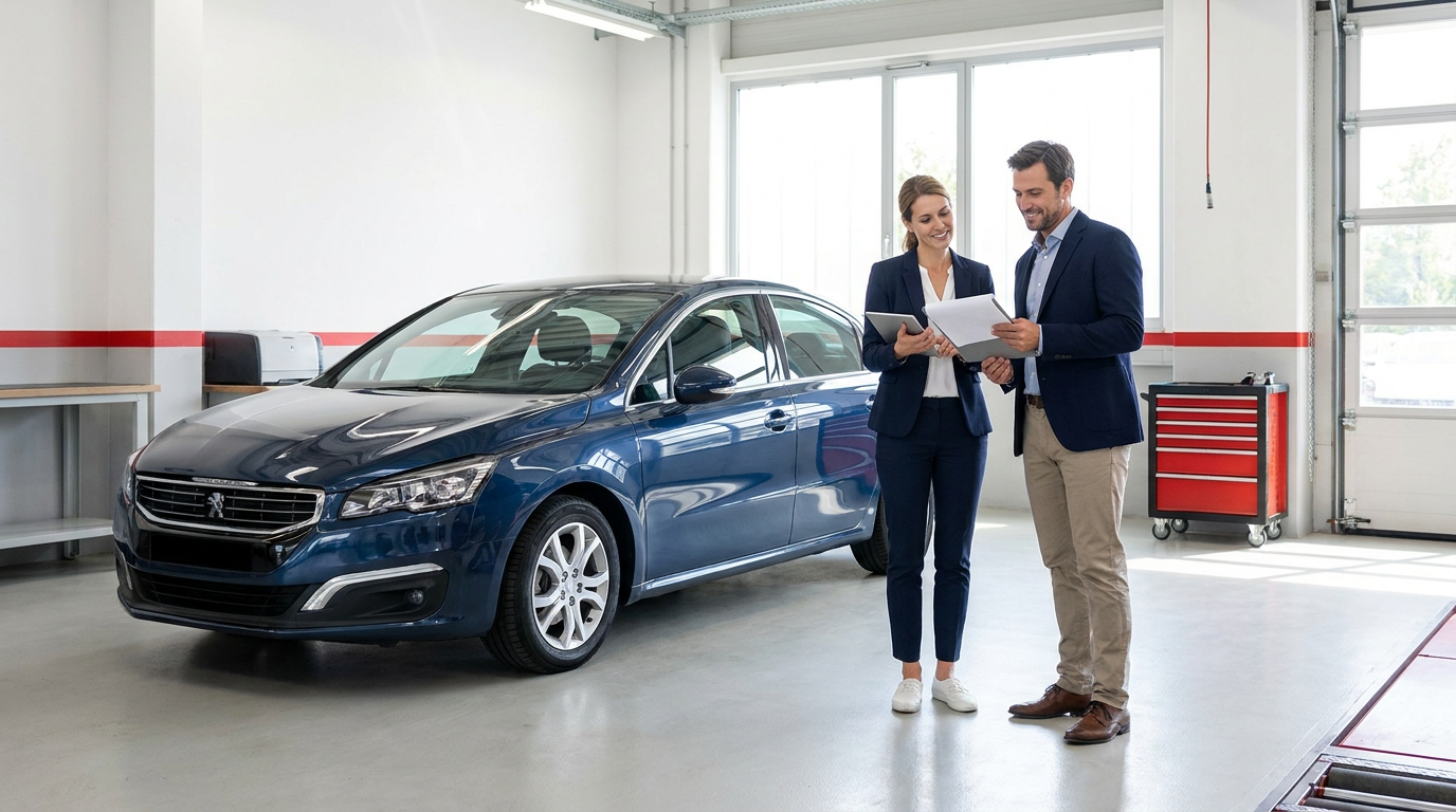 Particulier et professionnel sélectionné vérifiant un dossier de vente à côté d’un véhicule.